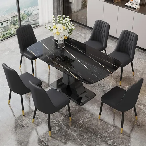 Vista 34 de Moderno juego de mesa de comedor para 4, mesa de vidrio de 63 pulgadas y base de MDF, mesa de comedor de mármol sintético negro con 4 sillas Mesa