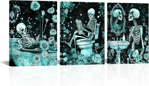 Vista 5 de FuShvre Decoración de esqueleto para baño, cuadros artísticos de pared de esqueleto Moody para baño, pintura gótica para decoración del hogar, Negro