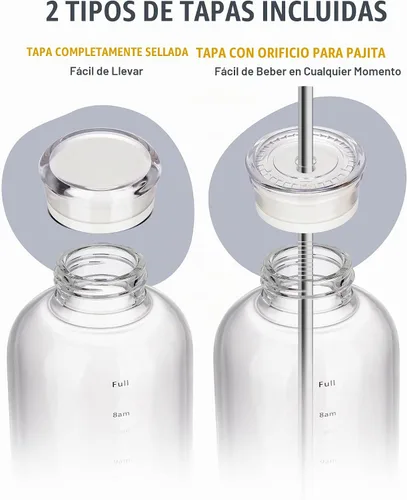 Vista 3 de NiHome - Botella de agua de vidrio de 25 onzas / 25.4 fl oz con pajitas de metal, 2 tapas, transparente High Borosilicate Glass Water Bottle with