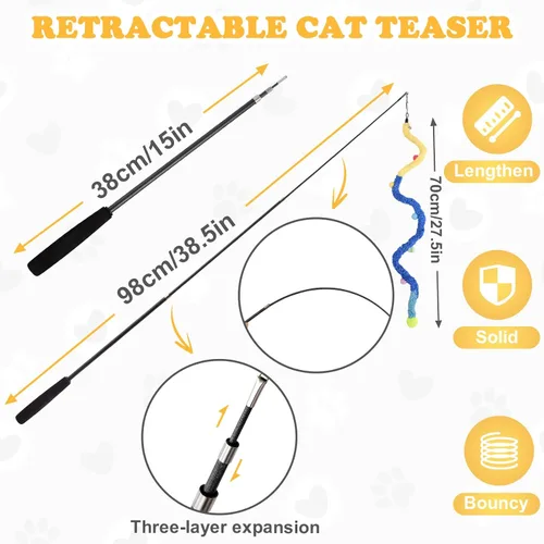 Vista 2 de Juguete de varita para gatos, 8 piezas retráctiles de felpa Srtip para gatos, juguetes con campana y cuerda, juguetes interactivos largos