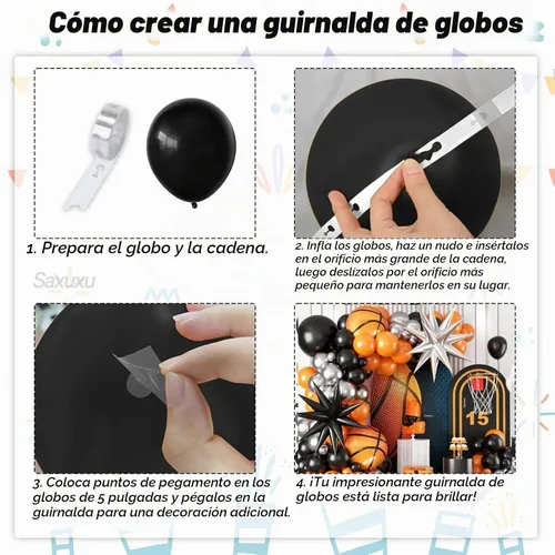 Vista 3 de Kit de arco de globos de baloncesto, kit de guirnalda de globos negros y naranjas, globos de estrella plateada de papel aluminio para baloncesto