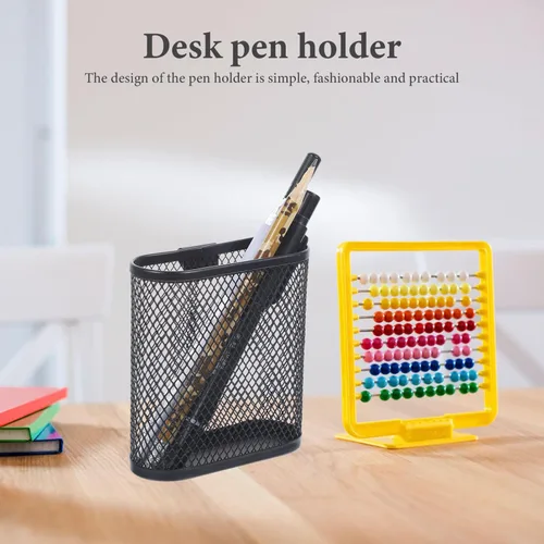 Vista 8 de Organizador de escritorio de metal con forma ovalada de malla negra para almacenamiento de artículos de papelería de oficina, 3.93 x 3.54 x 1.37