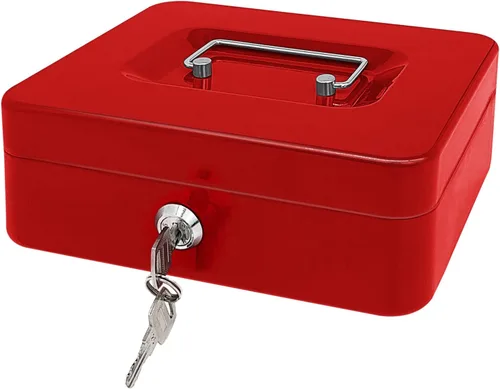 Vista 24 de Caja de efectivo de acero con cerradura de llave, organizador de dinero pequeño de metal con bandeja para dinero, caja de almacenamiento de efectivo