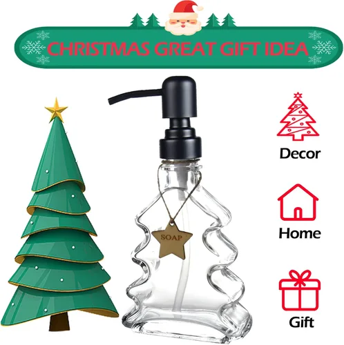 Vista 2 de Dispensador de Jabón de Árbol Navideño, Dispensador de Jabón de Vidrio con Bomba Negra 304 a Prueba de Óxido, en Forma de Árbol Navideño, Ideal