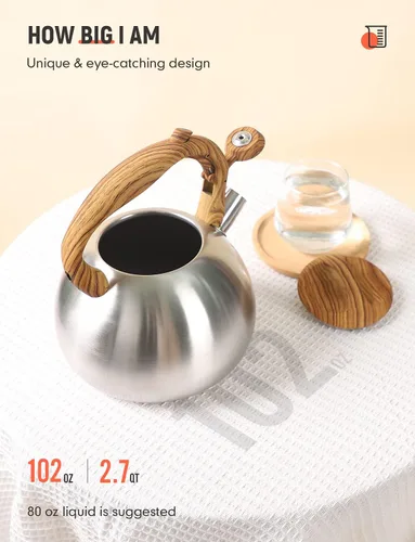 Vista 3 de BELANKO Hervidor de té de 2.7 cuartos de galón para estufas, tetera de acero inoxidable de grado alimenticio con silbato fuerte, mango de madera