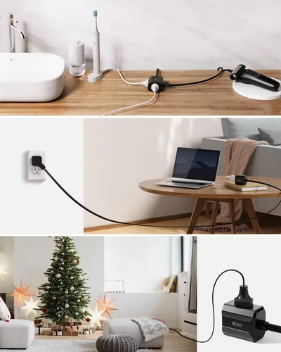 Vista 2 de SUPERDANNY - Cable de extensión de 1.5 pies, mini regleta de alimentación en ángulo ultra derecho, enchufe plano para espacios reducidos, extensión