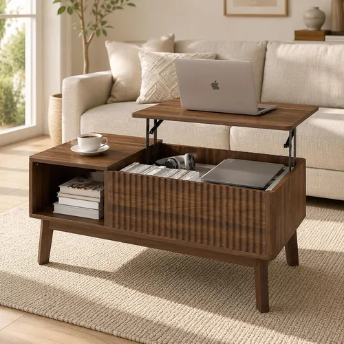Vista 10 de Mesa de centro acanalada con tapa elevable y almacenamiento oculto, mesa de centro ovalada con tapa elevable, diseño moderno de mediados de siglo