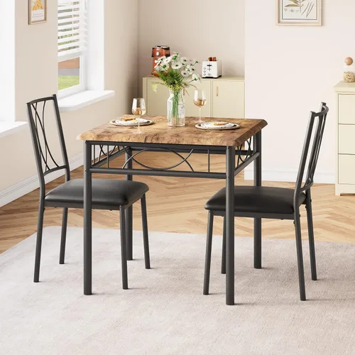Vista 5 de Juego de mesa de comedor para 2, mesa de cocina con 2 sillas tapizadas, juego de mesa de comedor de cocina de 3 piezas de madera para apartamento