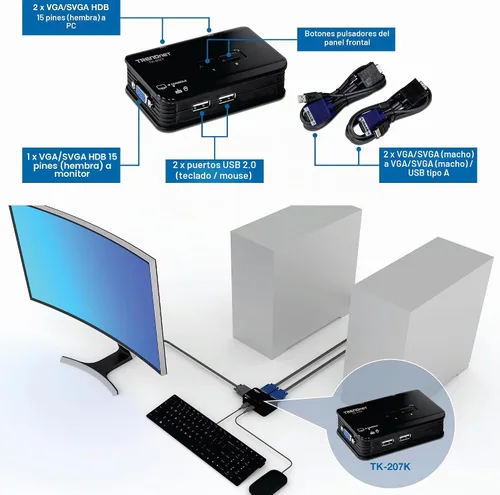Vista 2 de Conmutador KVM USB de 2 puertos TRENDnet TK-207K