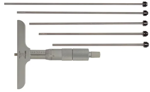 Vista 2 de Mitutoyo Series 129 Vernier calibrador de profundidad, varillas intercambiables, tipo micrómetro, pulgada, 1 Tipo de micrómetro