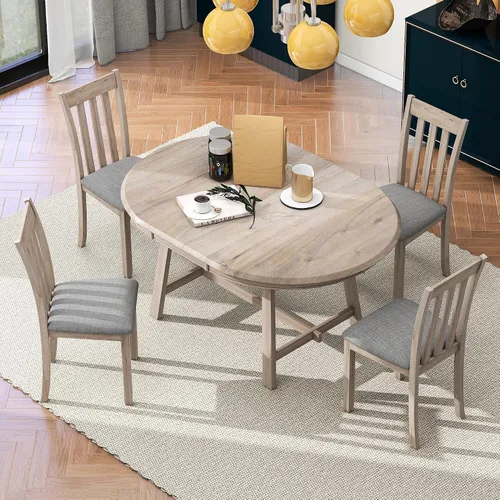 Vista 26 de Farmhouse - Juego de mesa de comedor de 5 piezas, mesa de comedor redonda extensible con 4 cómodas sillas tapizadas, juego de muebles funcionales