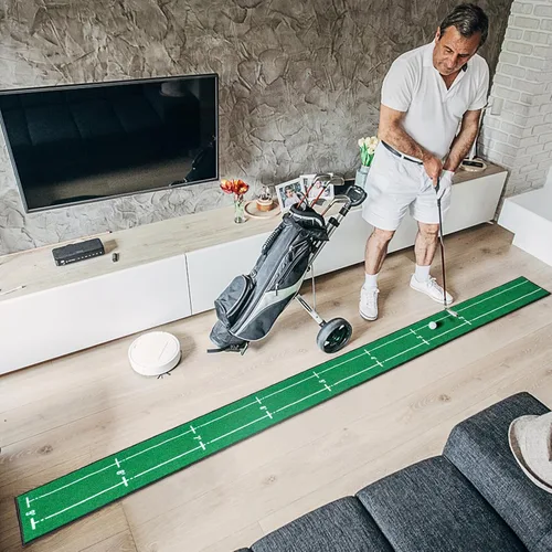 Vista 4 de Alfombrilla de golf para interior y exterior, profesional, práctica de golf, verde, con marcador de distancia, respaldo antideslizante, accesorios