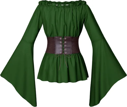 Vista 4 de Conjunto de blusa estilo renacentista victoriana campesina con volantes y cintura fruncida estilo bohemio pirata con cinturón