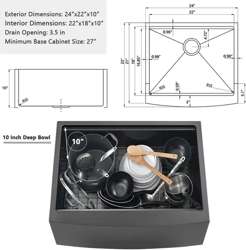 Vista 7 de Fregadero negro de 24 pulgadas para casa de campo, fregadero de cocina de 24 x 22 pulgadas con delantal frontal, acero inoxidable de calibre 16