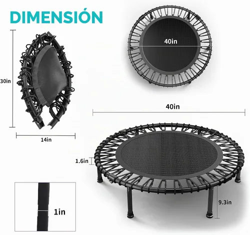 Vista 9 de Trampolín de rebote de 40 pulgadas/48 pulgadas para adultos con cuerdas elásticas, rebote de ejercicio para adultos para entrenamiento en interiores