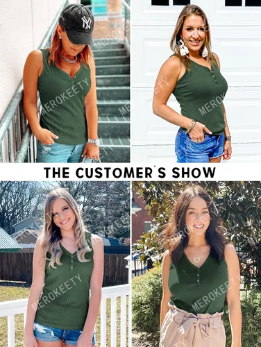 Vista 7 de MEROKEETY Camiseta sin mangas con cuello en V para mujer sin mangas acanalada con botones informal Henley
