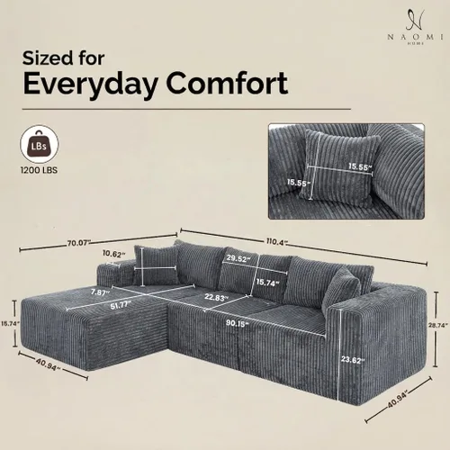 Vista 2 de Naomi Home Pamela - Sofá modular sin hueso de 110 pulgadas, color gris