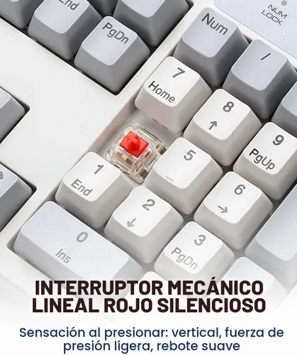 Vista 2 de Perixx PERIBOARD-108M, teclado mecánico USB de tamaño completo con cable - Interruptor lineal rojo - Color clásico retro gris/blanco - Inglés de EE.