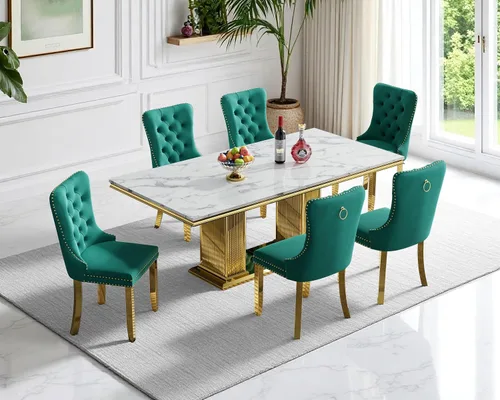 Vista 14 de Juego de 4 mesas de comedor blancas y doradas, mesa de cocina rectangular de 68 pulgadas con parte superior de mármol sintético blanco, mesa de Mesa