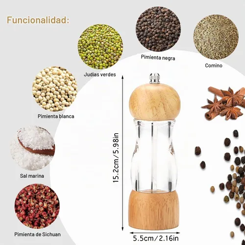 Vista 4 de Molinillo de pimienta de madera, molinillo de sal y pimienta, molinillo de pimienta manual, mango de aleación de zinc, grosor ajustable