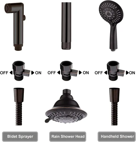 Vista 9 de BRIGHT SHOWERS Juego de cabezal de ducha de mano con 9 ajustes de pulverización con válvula de control de flujo de agua, bronce aceitado