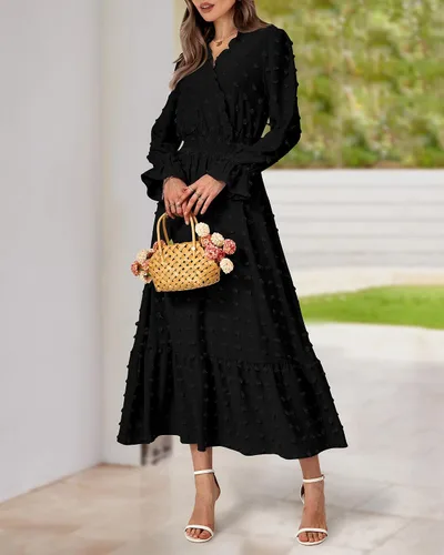Vista 3 de BTFBM Vestidos de otoño 2023 para mujer, manga larga, cuello en V, lunares suizos, vestido largo bohemio, vestido largo de cintura alta, vestido