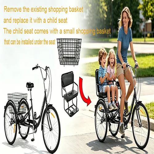 Vista 5 de Triciclo para adultos de 24 pulgadas, 7 velocidades, 3 ruedas con cestas traseras para mujeres/hombres/personas mayores, picnic, ejercicio, compras