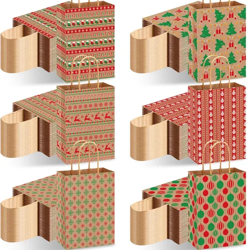 Vista 8 de Fulmoon Juego de 48 bolsas de regalo de papel kraft de Navidad a granel, bolsas de regalo de papel surtido con asa, vacaciones para regalos