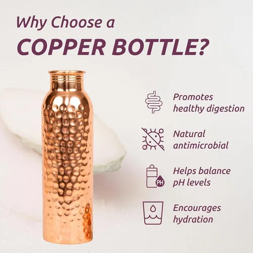 Vista 3 de Botella de agua de cobre puro de 34 onzas, recipiente ayurvédico auténtico para apoyo inmunológico y bienestar, ecológica, sin BPA, 100% cobre