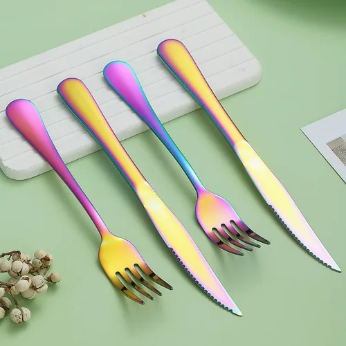 Vista 7 de Evanda Rainbow - Juego de cuchillos para carne, 12 piezas, acero inoxidable chapado en titanio arcoíris, 6 tenedores y 6 cuchillos de cena