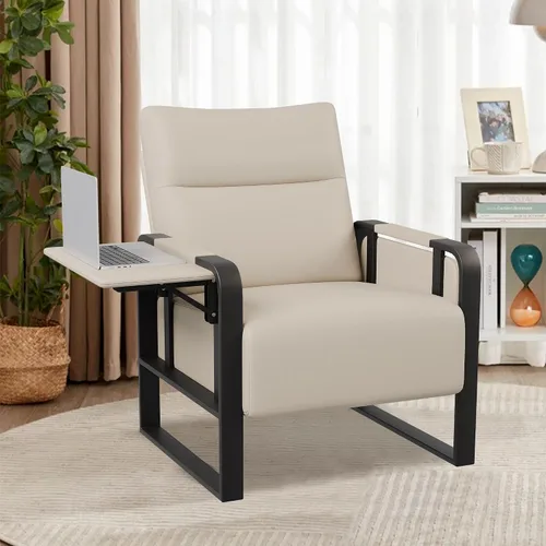 Vista 4 de Silla de Acento Moderna Tapizada en Cuero PU Sillón con Mesa de Bandeja para Dormitorio Sala de Estar Sillas Silla de Oficina Beige