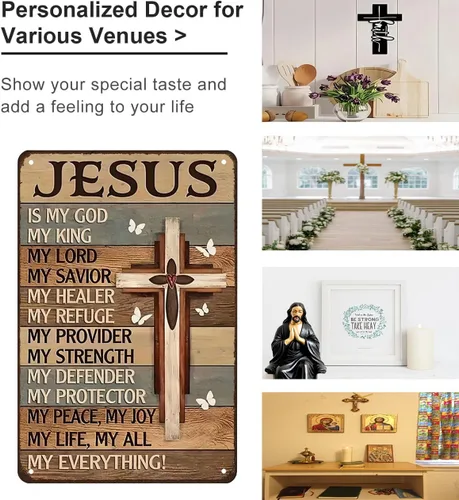 Vista 3 de Smilelife Regalos cristianos para mujeres y hombres Jesús es mi Dios, mi rey, todo lo que soy - Letrero vintage de hojalata religiosa de metal