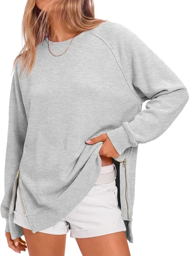 Vista 18 de ANRABESS - Sudadera de gran tamaño para mujer, cuello redondo, manga larga, tipo túnica, con cremallera lateral, sudadera con capucha, suéter
