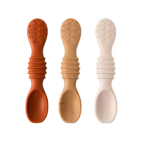 Vista 13 de Bumkins Juego de utensilios para bebé, cucharas de entrenamiento de silicona para sumergir, punta suave, autoalimentación, masticar, destete LED