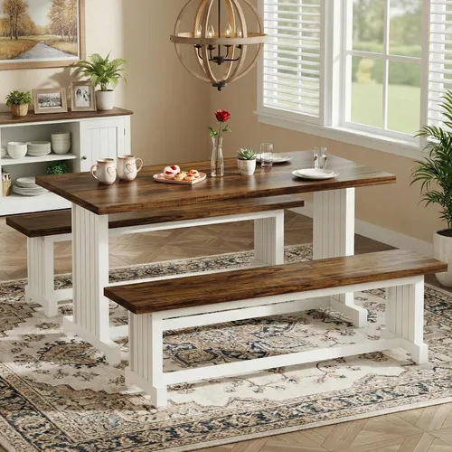 Vista 2 de Tribesigns Juego de mesa de comedor de 47 pulgadas para 4, mesa de cocina de 3 piezas con 2 bancos, muebles de cena de madera de granja