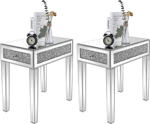 Vista 10 de VINGLI Mesa auxiliar estrecha con espejo, pequeña mesa auxiliar para sofá/sofá/cama con almacenamiento, mesita de noche de cristal delgada