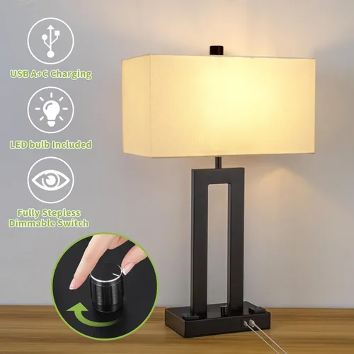 Vista 6 de Juego de lámparas de mesa modernas de 2 a 22 pulgadas de alto con puertos de carga USB-C/USB-A y tomacorriente, tela regulable continua, lámparas