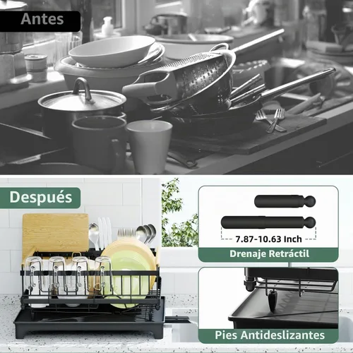 Vista 6 de Escurridor de platos, escurridor con bandeja de goteo automática, escurridor de platos para encimera de cocina, escurridor de platos antioxidante