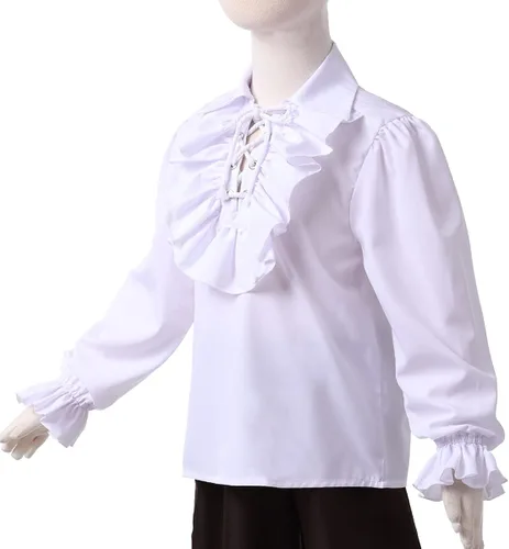 Vista 3 de GRACEART Camisa de pirata medieval para niños, camisa renacentista con volantes, jacobita escocés, Ghillie, color blanco, 2T a 16 años
