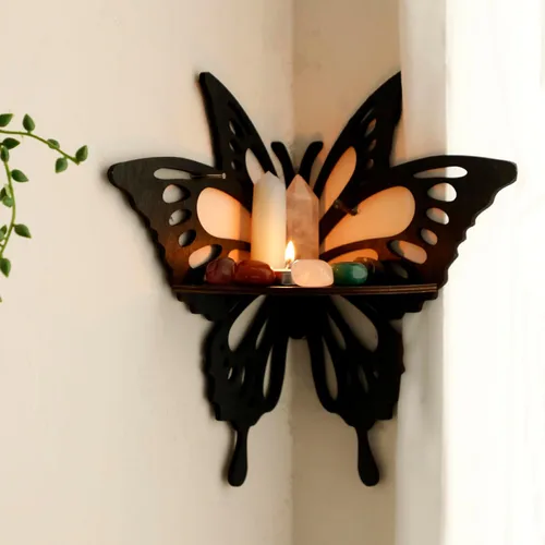 Vista 3 de Artilady Estante de cristal de mariposa – Estantes de esquina flotantes para pared, dormitorio, estante de exhibición de cristal, bohemio, lindo