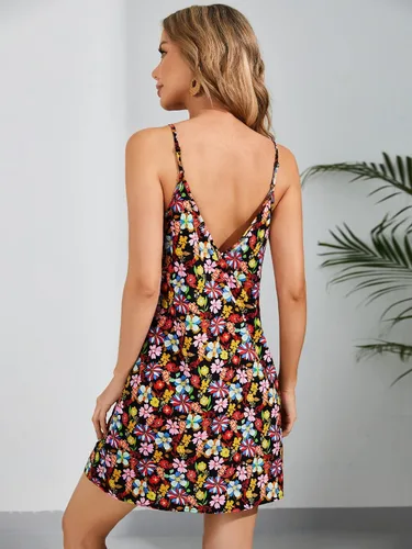 Vista 2 de Floerns - Vestido corto de verano con estampado floral de cerezas, acampanado para mujer