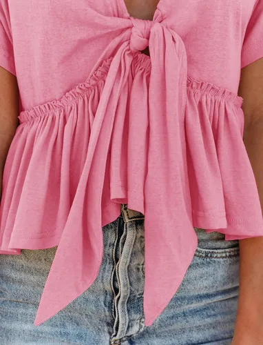 Vista 4 de Fanway&EC Blusas de manga corta con cuello en V para mujer, dobladillo con volantes, lazo frontal, camisetas cortas ligeras básicas de verano