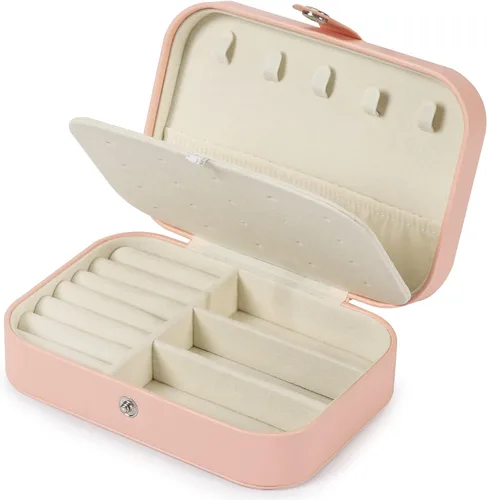 Vista 7 de XZUZ Joyero de viaje, organizador de joyas pequeño de piel sintética para niñas y mujeres, mini estuche de viaje portátil de doble capa para guardar
