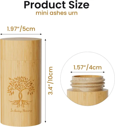 Vista 2 de Paquete de 2 urnas pequeñas para recuerdo de cenizas humanas, mini urnas de bambú con patrón de árbol de la vida, mini urna de cremación