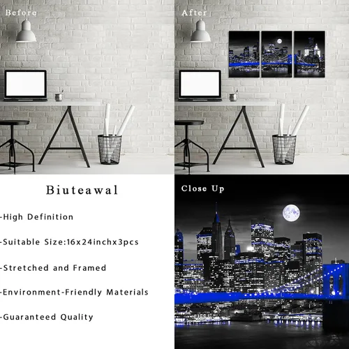 Vista 6 de Biuteawal Lienzo de ciudad negro y azul con impresión de paisaje urbano de Nueva York, puente de Brooklyn en la noche de la luna, pintura