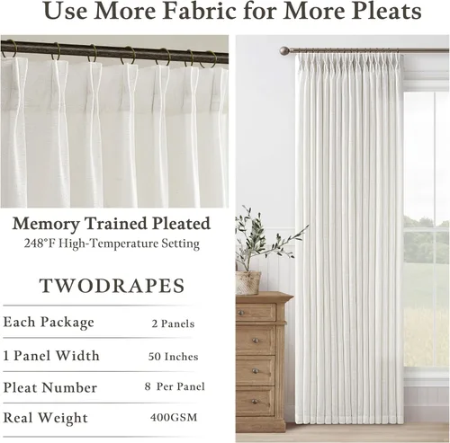 Vista 5 de TWODRAPES Cortinas de Lino Plisadas con Pinza Beige Blancas de 54 Pulgadas de Largo 2 Paneles para Comedor Cocina Dormitorio Plisadas Semi