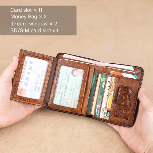 Vista 4 de WOWOLAY Billeteras triplegables para hombres, de cuero, de gran capacidad, estilo vintage, con bloqueo RFID, 2 tarjetas de identificación, Windows