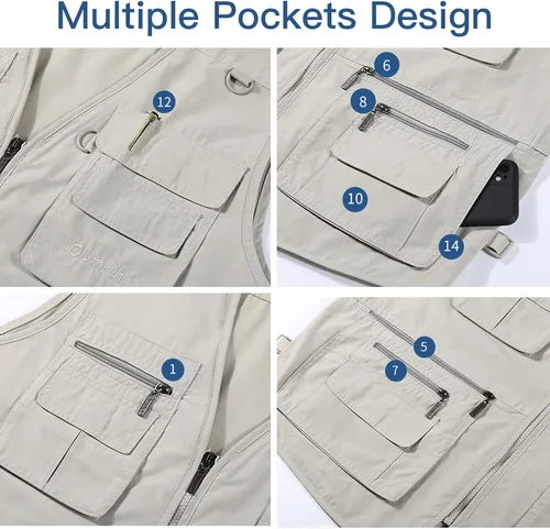 Vista 4 de Chaleco Flygo para hombre, para pesca, trabajo, safari, viaje de reportajes o para actividades al aire libre en verano, con bolsillos