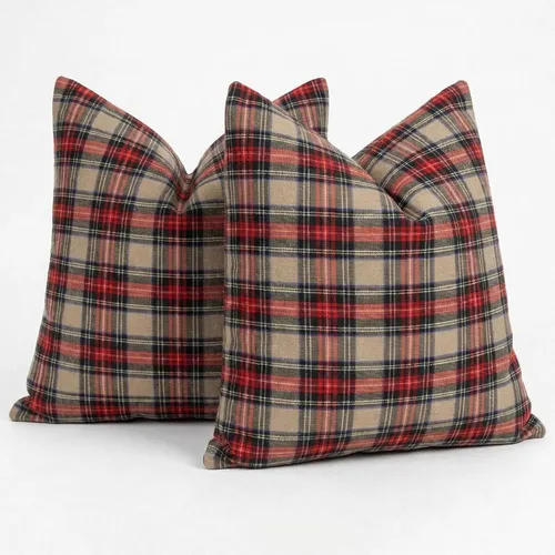 Vista 22 de Juego de 2 fundas de almohada lumbar de Navidad para exteriores de tartán Tartán lumbar marrón