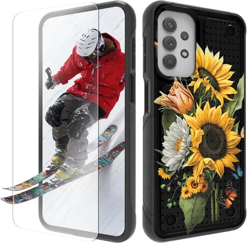 Vista 19 de Funda para Samsung Galaxy A13/A04/A04S/A23/A32 5G con protector de pantalla, parte trasera texturizada de policarbonato duro, diseño de flores